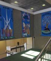 Beautiful new banners have been hung by the stairs to the eastbound platform at Linlithgow, replacing previous ones installed there many years ago. Banners commissioned by Burgh Beautiful Linlithgow. Designed and created by the Embroiderer's Guild, Linlithgow & District. Funded by The ScotRail Foundation.<br><br>[John Yellowlees 08/07/2017]