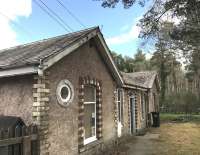 The former station building at Dinnet on 20 April 2017 looking east along the platform towards Aboyne. Note the unusual round window, installed as a replacement for the old station clock during conversion to office accommodation [see image 58970].<br><br>[Andy Furnevel 20/04/2017]