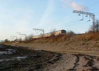 SPT train heading east from Cardross as seen from beach.<br><br>[Beth Crawford 17/12/2005]