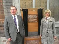 Duncan Sooman of Network Rail with Provost Winifred Sloan at Ayr on 25 April 2012 during the unveiling of the commemorative plaque to engineer John Miller [see adjacent news item].<br><br>[ScotRail 25/04/2012]