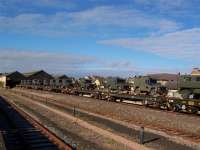 Army vehicles on flatbeds at Montrose.<br><br>[Mick Golightly 2/8/2005]