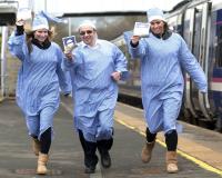 Dannine Stenhouse, Willie Cowan and Kerry-Ann Quinn armed with information on the Caledonian Sleeper at Inverkeithing on 9 March.<br><br>[ScotRail 09/03/2012]