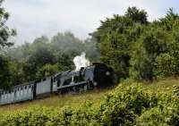 Rebuilt Bullied Battle of Britain 4-6-2 34052 <I>Lord Dowding</I>, one of several Southern Pacifics in steam that day, works between Ropley and Medstead & Four Marks during the Mid Hants End of Southern Steam 50th gala on 2nd July 2017. <br>
<br>
<br><br>[Peter Todd 02/07/2017]