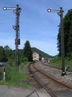 Semaphore signals and the original station building survive at<br>
Fridingen on the Tuttlingen-Sigmaringen line in Baden-Wuerttemberg, seen here on 8th June 2017.<br>
<br><br>[David Spaven 08/06/2017]