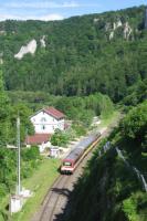 A Hohenzollerische Landesbahn Naturpark-Express service from<br>
Sigmaringen to Tuttlingen departs Beuron station on 10th June. A van<br>
conveying bikes is marshalled between the two single-unit railcars - each capable of hauling a 400t trailing load - which are modified versions of the NE81 units built from 1981 for 'private' (regional) operators. Why can't we have such innovative designs for rural routes in Britain?<br><br>[David Spaven 10/06/2017]
