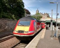 A late-running down <I>Highland Chieftain</I> clocks up more minutes' delay during an overlong call at Waverley on 14 July 2017. The plan is that cut-down HST sets with automatic doors will take over ScotRail services to Inverness at some<br>
point in the future (experience shows it's best to be vague).<br>
<br><br>[David Panton 14/07/2017]