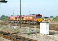 EWS class 66 locomotives stabled at Westbury in August 2002. [Ref query 1662]<br><br>[Ian Dinmore 02/08/2002]