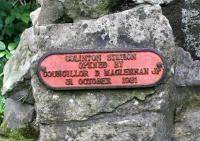Plaque on a cairn alongside the remains of Colinton station, which might prove a little confusing to the casual visitor or passing walker. For the record, the station was opened by the Caledonian Railway on 1 August 1874 and closed to passengers on 1 November 1943. The Balerno branch closed completely in 1967 [see image 20499].  <br><br>[John Furnevel 27/05/2017]