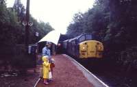 Passengers wait to catch the morning service from Glasgow to Oban service at Helensburgh Upper on a wet summers day in August 1985.<br><br>[John McIntyre /08/1985]