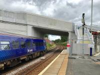 A Glasgow - Edinburgh service departs from platform 2 passing under the new Station Road overbridge which is due to open to traffic in a few days time.<br><br>[Colin McDonald 03/08/2017]