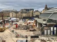 Demolition of the buildings on the east side of Glasgow Queen Street station still in progress in late August 2017. Outwith  the demolition site perimeter, work is in progress on the construction of the new staff facilities.<br><br>[Colin McDonald 28/08/2017]