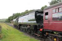 Visiting from the Worth Valley Railway, <I>Spam Can</I> West Country 4-6-2 34092 <I>City of Wells</I> slows to call at Irwell Vale whilst running tender first from Rawtenstall to Heywood on 19th Augst 2017. <br><br>[Mark Bartlett 19/08/2017]