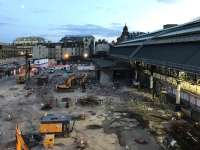 No moonlighting here - the current works at Glasgow Queen Street, seen here at dusk, are not '24/7' as was the work during last year's closure for track replacement in the tunnel. <br><br>[Colin McDonald 31/08/2017]