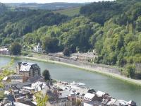 SNCB electric locomotive 1355 takes a lengthy freight northwards along the valley of the River Meuse approaching Dinant on 6th September 2017. This view taken from the ramparts of the Citadel that sits high above the town and is accessed by cable car. <br><br>[Mark Bartlett 06/09/2017]