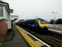 'New Era' cut-down HST sets come into service on Scotrail next year. The driver training set makes a dummy stop at Stonehaven, heading north, on 26 September 2017. This early, it might even be driver trainer training.<br>
<br>
<br><br>[David Panton 26/09/2017]