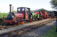 Hunslet quartet plus two at the end of the first day of the West Lancashire Light Railway 'Nearly 50 Gala' on 12 August 2017. This year is the 50th anniversary of the start of the railway by 6 local schoolboys and as part of the summer celebration, the railway's  Hunslet loco Irish Mail was joined by visitors Jack Lane, Statfold and Cloister. All 4 were in steam on both days but the line up at the end of day 1 had O&K Utrilas and Kerr Stuart Joffre from the 'home' fleet added for the photo.<br><br>[John McIntyre 12/08/2017]