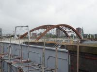 The new Ordsall Chord, nearing completion, as seen from what is now the boundary of the Museum of Science and Industry on 8th October 2017. Liverpool Road station is immediately behind the camera with the now severed main line connection crossing the grey bridge in the foreground.  <br><br>[Mark Bartlett 08/10/2017]