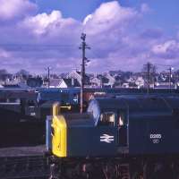 Sunday layover at Aberdeen Ferryhill depot on 5th March 1972. BR Blue D265 is in the foreground but 359 in green has lost the prefix. Classes 08 and 47 can also be seen.  <br>
<br><br>[Graeme Blair 05/03/1972]