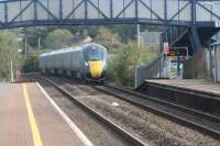 5X31, formed by a new GWR set, running through Pyle station with a Bristol Parkway to Swansea train on 3rd October 2017.<br>
<br>
<br><br>[Alastair McLellan 03/10/2017]