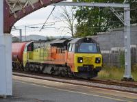Colas 70804 stands at Carstairs with the Dalston - Grangemouth empty tanks on 3rd October 2017.<br>
<br>
<br><br>[Bill Roberton 03/10/2017]