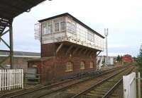 The signal box at Arbroath North on 11 October 2017, looking back from Wellgate level crossing towards the station. <br><br>[Andy Furnevel 11/10/2017]