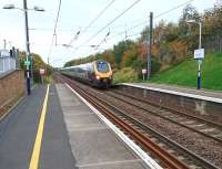 Platform view north at Musselburgh on 14 October 2017, with the 1708 Edinburgh - Birmingham New Street CrossCountry service about to run through the station.<br><br>[Andy Furnevel 14/10/2017]