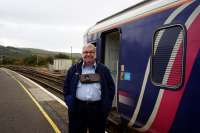 The friendly and chatty driver of the 12.01hrs to Stranraer makes sure he has the tablet for the Girvan to Barrhill section. A great ambassador for Scotrail! 12th October 2017. <br>
<br>
<br><br>[Colin Miller 12/10/2017]