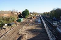 Looking east from the road bridge at Kirkham and Wesham on 27 October 2017. The former fast lines have gone and work is progressing to create a third platform linked to the existing island platform by footbridge with lifts to provide step free access. For a similar view before this work started [see image 22043] <br><br>[John McIntyre 27/10/2017]