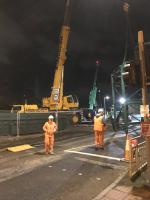 The sections of the temporary Baillieston pedestrian and services bridge together with its north supporting tower have arrived at the site and are waiting for OHLE isolation and the start of the possession before lifting commences.<br><br>[Colin McDonald 29/10/2017]