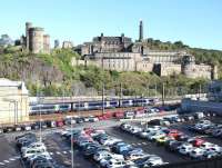 The east end of Waverley, looking north over the car park from Jeffrey Street on 5 October 2017. The 0945 ex-Glasgow Queen Street has recently arrived at platform 7.<br><br>[John Furnevel 05/10/2017]