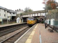Colas 56096 passing through Colwyn station with a weedkilling train on 31st October 2017. A second 56 was at the rear.<br>
<br>
<br><br>[Peter Todd 27/10/2017]