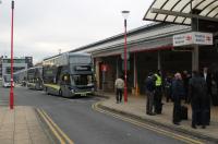 With the Blackpool line closed for electrification frequent rail replacement buses are running each day from Preston. Some buses run direct to Blackpool North and others call at the intermediate stations on both Blackpool lines. This was the scene outside Preston station side entrance on 13th November 2017. <br><br>[Mark Bartlett 13/11/2017]