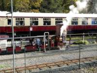 Train on the 7.25 inch circuit at the Conwy Valley Railway Museum passing one of the standard gauge Mk I coaches used for catering at the site. <br>
<br>
<br><br>[Peter Todd 28/10/2017]
