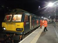 The Aberdeen sleeper at Waverley with 92033 attached waiting for the Inverness and Fortbill portions to be coupled. I did have second thoughts about venturing onto the platform as it was freezing but gave in eventually. 17th November 2017.<br>
<br>
<br><br>[Alan Cormack 17/11/2017]