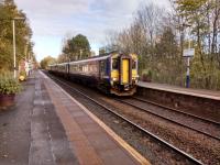 A 4-car service for East Kilbride calls at 'Shaws West on 11 November 2017.<br>
'Alight here for the... Pollok House' reads the sign, redacted during the temporary closure of the Burrel Collection.<br>
<br>
<br><br>[David Panton 11/11/2017]