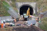 Close up of the new bridge over the Gala Water at the south end of Bowshank Tunnel looking essentially complete on 24 October 2014.  Note also the twin 200m runs of slab track emerging from the south portal of the tunnel. <br><br>[John Furnevel 24/10/2014]