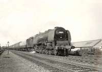 A Euston - St Enoch sleeper passing through Crossmyloof on 21 August 1957, hauled by Stanier 'Coronation' Pacific no 46230 <I>Duchess of Buccleuch</I>. <br><br>[G H Robin collection by courtesy of the Mitchell Library, Glasgow 21/08/1957]