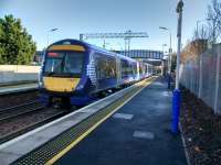 An Edinburgh to Dunblane service pulls out of Falkirk Grahamston on 16 November 2017. Note that we have masts, but no wires yet.<br>
<br>
<br><br>[David Panton 16/11/2017]