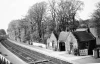 The view west over Kinaldie station in 1960. The platforms remain, but the line has been singled, station closed and the fine building has gone.<br><br>[David Murray-Smith 15/05/1960]