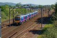 A southbound TPE service passes Beattock in the sunshine on 27 May 2012.<br><br>[John McIntyre 27/05/2012]