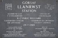 The commemorative slate plaque at the entrance to the (new) station at Llanrwst, which opened near the town centre in 1989.<br><br>[Colin McDonald 16/10/2017]
