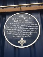 The text of a plaque unveiled to the memory of James Kennedy.<br><br>
<br><br>
James Stirrat Topping Kennedy GC (11th September 1930 - 21st December 1973)<br><br>
<br><br>
James Kennedy was a security guard at British Rail's Springburn Works and was assaulted, then shot and killed, whilst repeatedly attempting to foil an armed robbery in the early hours of 21st Devember 1973. He was posthumously awarded the George Cross for his courage and sacrifice.<br>
<br><br>[John Yellowlees 21/12/2017]