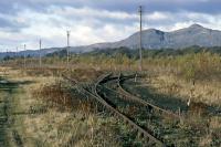 This is a westward view from the east end of the Alloa “new” marshalling yard in November 1985. Most of the yard had fallen into disuse except for a run around loop needed for the Menstrie molasses tanks. The points shown were the eastern limit of travel for the running round locomotive (Class 27 at the time) and only the second from right switch was actually used. Behind the camera, a piece of timber had been wired in place across the track (the former up arrival line to the yard) to prevent the engine straying on to line that had been the responsibility of the previously abandoned Alloa West box.<br><br>[Mark Dufton /11/1985]