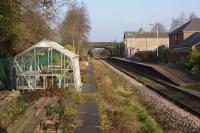 A new structure appeared on the disused former northbound platform during the second half of 2017, a greenhouse. Donated by a village resident to the Friends of Croston Station volunteers who maintain the flowerbeds and vegetable patch. Trains on the Ormskirk line will move from a ninety minute interval to an hourly service from May 2018.<br><br>[John McIntyre 14/01/2018]