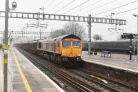 GBRf 66753 <I>EMD Roberts Road</I>, westbound at speed through Platform 3 at Didcot on 20th January 2018 heading for Cardiff.<br>
<br>
<br><br>[Peter Todd 20/01/2018]