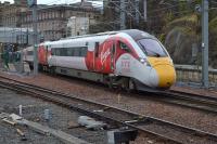 Azuma leaving Platform 2 with the return test run to Doncaster Carr on 30th January 2018.<br><br>[Bill Roberton 30/01/2018]