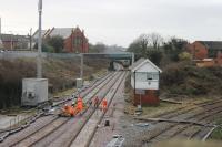 Poulton No.3 box had still not been demolished when this photo was taken on 10th February 2018. In this view towards Blackpool an infrastructure train can be seen just beyond the bridge while work continues in the foreground. Postscript: The box was demolished ten days after this image was taken. <br><br>[Mark Bartlett 10/02/2018]