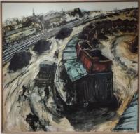 An oil painting of the former Haymarket coal yard hangs in the headquarter offices of the City of Edinburgh Council beside the ECML at Waverley. David Spaven was responsible for this yard when Speedlink Coal Manager for Scotland. Domestic coal arrived in HEA hopper wagons - built at Shildon Works - until the late 1980s, when the coal merchants were re-located to a site adjacent to the closed Freightliner Terminal at Portobello, thereby freeing up 'Haymarket Yards' for office and housing development (and the tram route). [Photo by David Hunter, painter unknown]<br><br>[David Spaven Collection 07/02/2018]