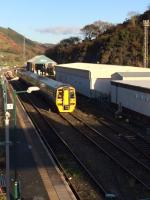 158835 and 158823 arrive at Machynlleth at 1443hrs on 16th November 2017. The train (from Birmingham International) splits here with the front half for Aberystwyth and the rear for Pwllheli. <br><br>[Caleb Abbott 16/11/2017]