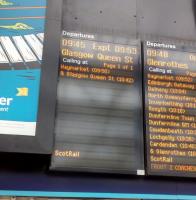 Station Skipping: It's hard to depict these, but here's a photo of the departure board at Waverley showing a GQS train skipping Falkirk High, Linlithgow and Polmont.<br><br>[David Panton 04/02/2017]